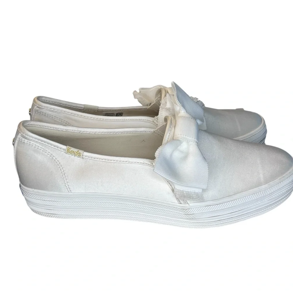 Kate Spade X Keds White Triple Decker Slip-On Satin Bow Platform Sneaker Bridal - Picture 9 of 11